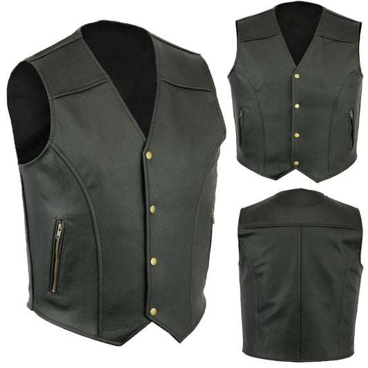 Men Motorcycle Leather Vest Solid Color Large Pocket Sleeveless Biker Jackets Vintage Casual Vest Male Plus Size S-5XL