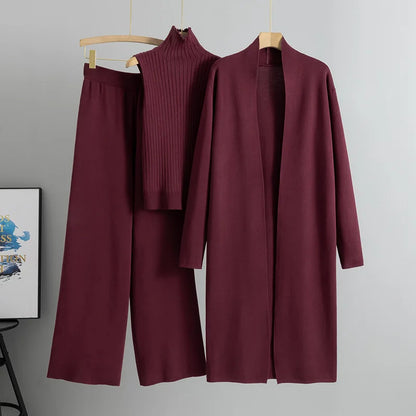 2025 Autumn Winter Women Long Cardigan 3 Piece Set Knit Pants High Neck Vest Wide Leg Trousers Outfit
