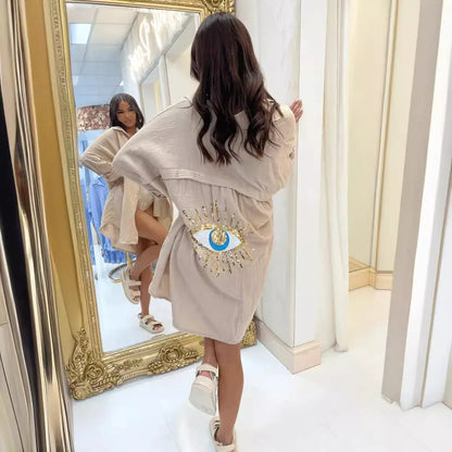 Spring Summer 2024 Women's Casual Evil Eye Shirt Long Sleeve Turn-down Collar Regular Length Other Material 100% Fashion Ladi...