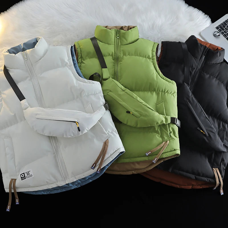 2025 Stand Collar Men Waistcoat Loose Reversible Warm Sleeveless Trendy Male Vest New Fashion Solid Color Coats quality