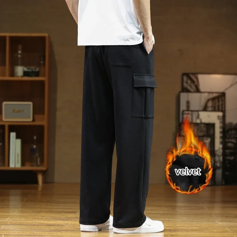 Winter Velvet Fleece Sweatpants Men Baggy Joggers Cargo Pants Neutral Breathable Loose Outdoor Solid Color Wide Legged Trousers