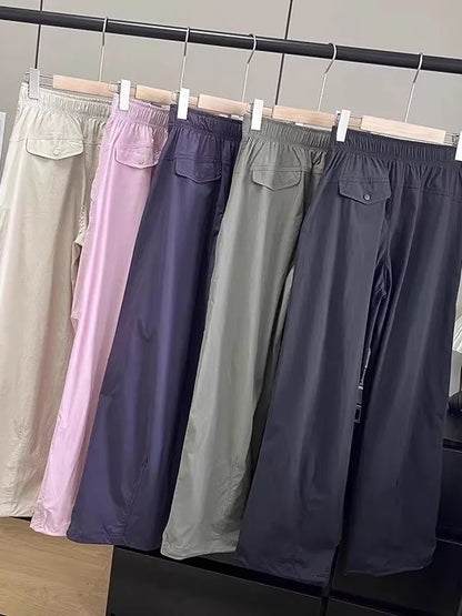 Lightweight Breathable Quick-Dry Paratrooper Pants Women's Casual Loose Fit Sunscreen Waist Cord Trousers Korean Style High W...