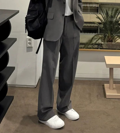 American Deep Grey Shoulder Padded Men's Casual Suit Two-Piece Set Non-Ironing Leisure Single West Casual Pants Long Pants