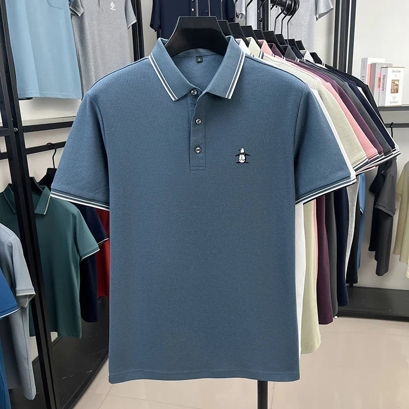 Brand striped men's polo shirt short sleeved penguin print top summer 100% cotton comfortable breathable casual lapel T-shirt