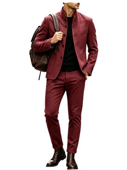 Men's Linen Stand Collar Suit 2-Piece Blazer & Pants Set Slim Fit Business Casual Tuxedo Jacket Trousers Formal Wedding Outfit