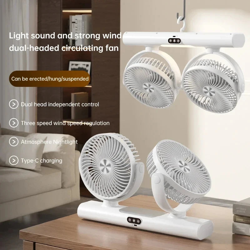 Rechargeable 3 Speed Desk Fan with Light, Dual Head Air Circulation Fan, Type-C Charging, Multi-Mount Portable Air Circulator