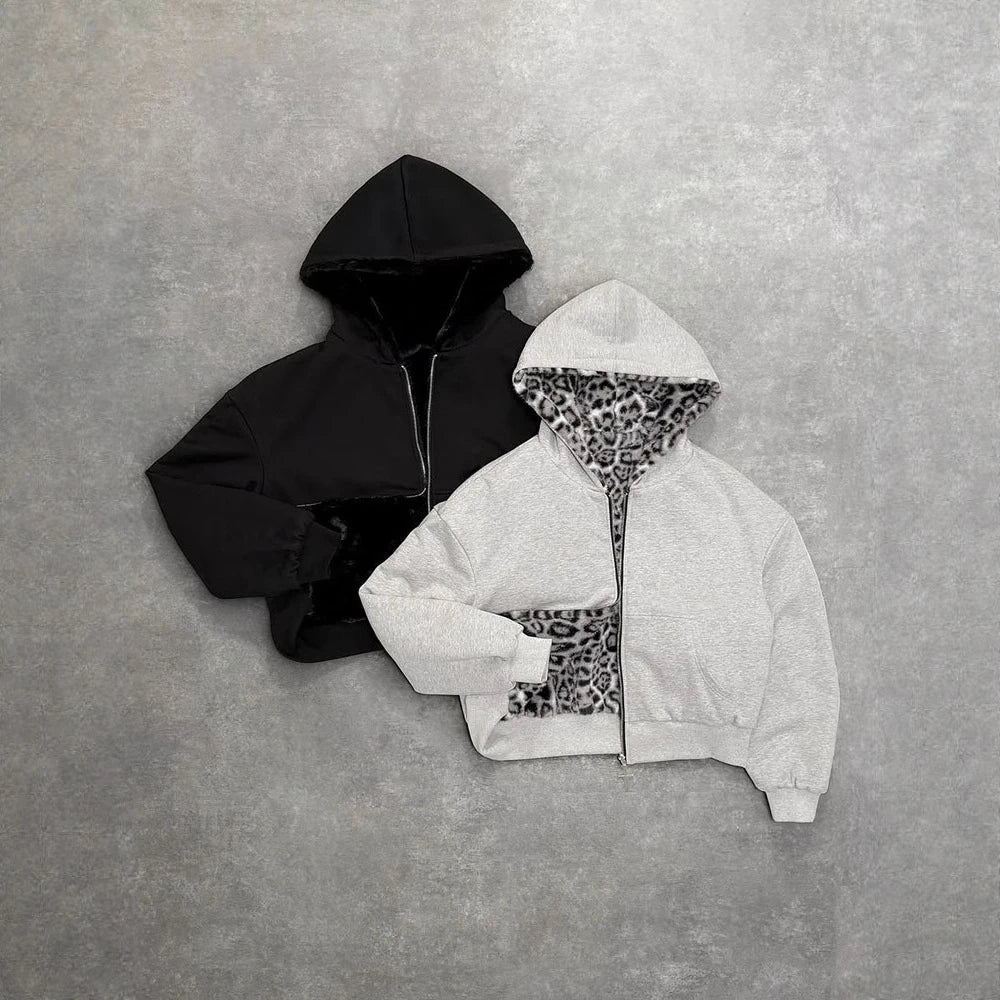 Retro Leopard Hoodie Zipper Casual Loose Sweater Autumn Winter Personality Europe And United States Style