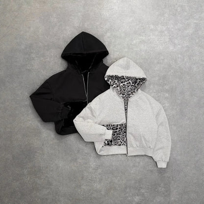 Retro Leopard Hoodie Zipper Casual Loose Sweater Autumn Winter Personality Europe And United States Style