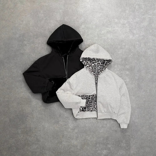 Retro Leopard Hoodie Zipper Casual Loose Sweater Autumn Winter Personality Europe And United States Style