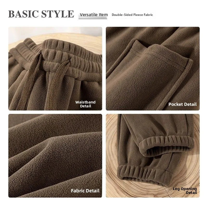 Café Brown Double-Sided Fleece Thickened Casual Sweatpants American Heavyweight Cuffed Pants Warm Sports Trousers for Men Aut...