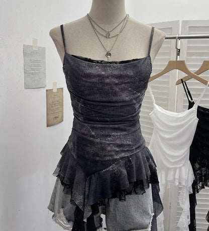 ISAROSE Summer Y2K Camisole for Women Casual Spaghetti Straps Double Layers Lace Stretch Mesh Patchwork Asymmetrical Slim Tops
