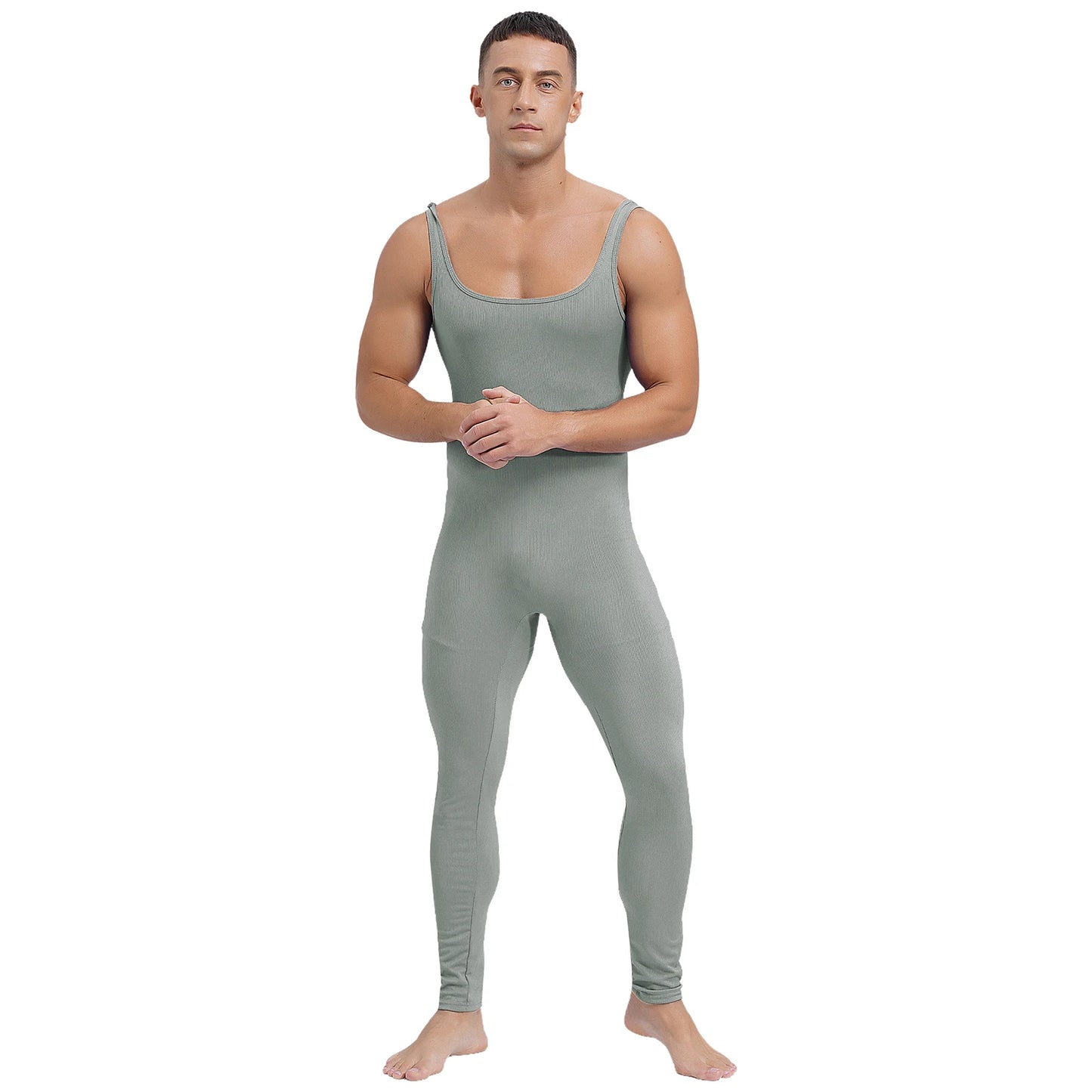 Mens Athletic Jumpsuit Square Neck Sleeveless Leotard Ribbed Striped Tank Unitard Wrestling Singlet Workout Yoga Bodysuit Romper
