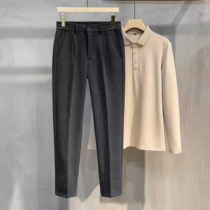 Men's Woolen Straight Leg Thickened Casual Trousers Fashionable Autumn Winter Style mid Waist Pure Color Anti-Wrinkle