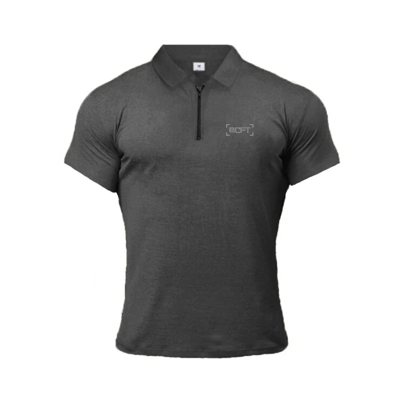 Men Casual Fashion Short Sleeve Slim Fit Zip Collar Cotton Polo Shirts Gym Fitness Summer Breathable Cool Feeling Muscle Shirt
