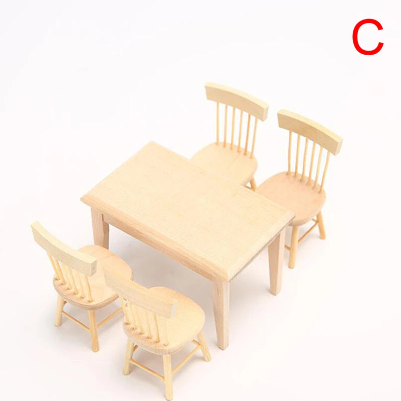 5Pcs/Set 1:12 Dollhouse Miniature Wooden Dining Table Chair Set Doll House Kitchen Furniture Toy