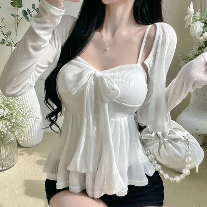 2026 Arrival Korea Dongdaemun Two Piece Set Sexy Slim Fit Bow Knot Tank Top+Elegant Solid Color Short Cardigan Women's Clothing