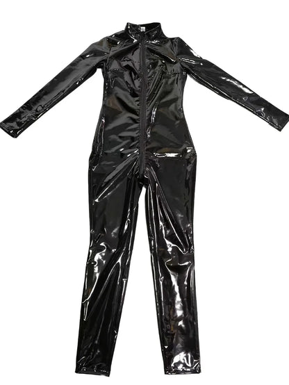 Women's Sexy Glossy Elastic PU Tights Turtleneck Front Zipper Open Women's Imitation Leather Catsuit Jumpsuit Bodysuit