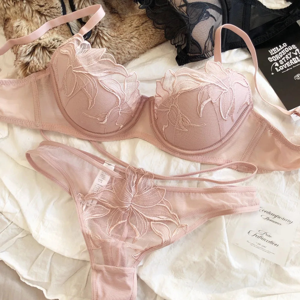 2 Pcs Sexy Lace Flowers Embroidery Underwear Set for Women Thin Cup Push Up Bra French Hollow Waist Bandage Thongs Lingerie Set