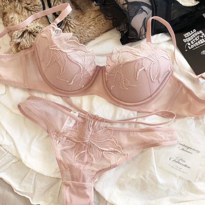 2 Pcs Sexy Lace Flowers Embroidery Underwear Set for Women Thin Cup Push Up Bra French Hollow Waist Bandage Thongs Lingerie Set