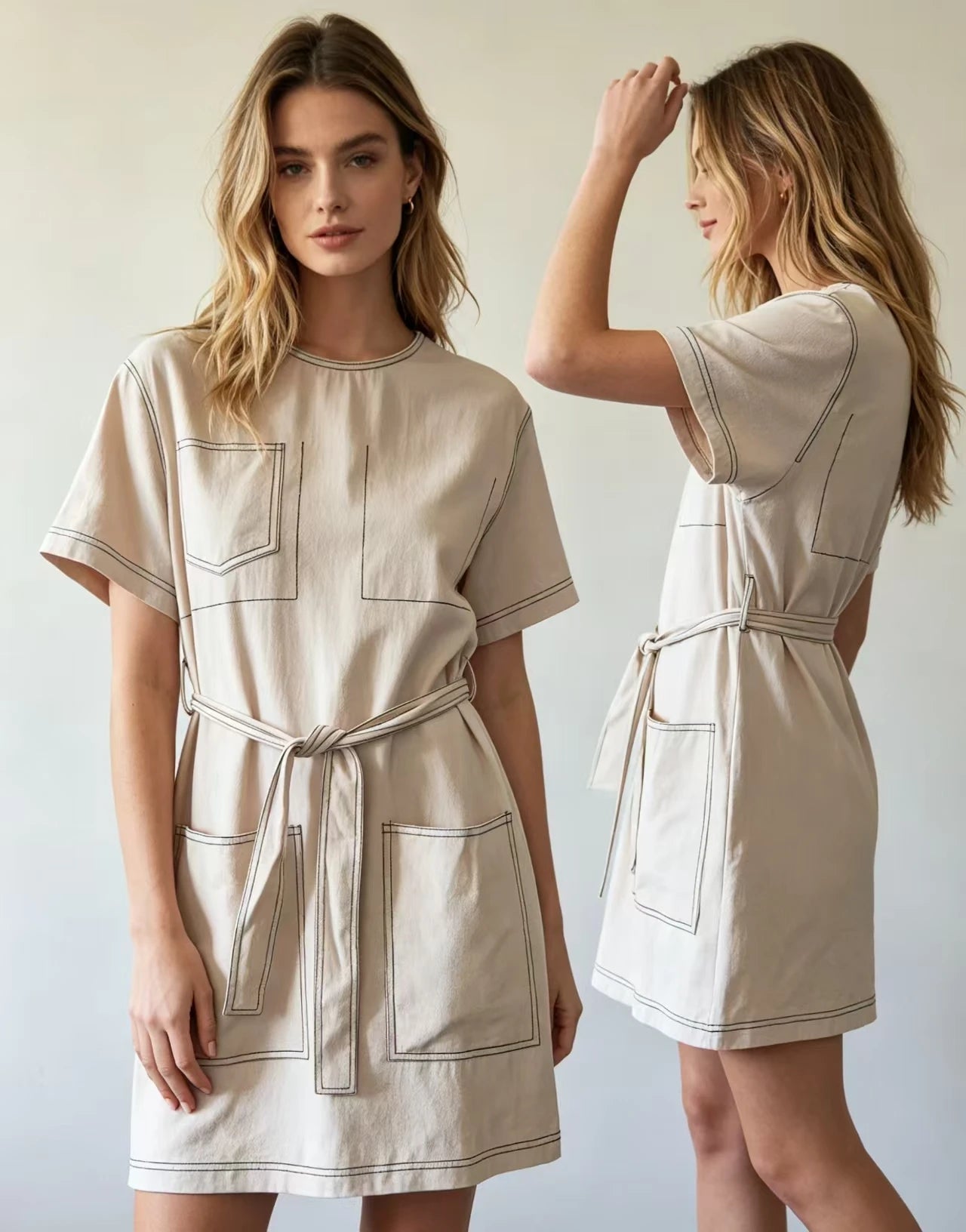 fenggejiwo women's casual pure cotton crew neck dress with waist tie dress