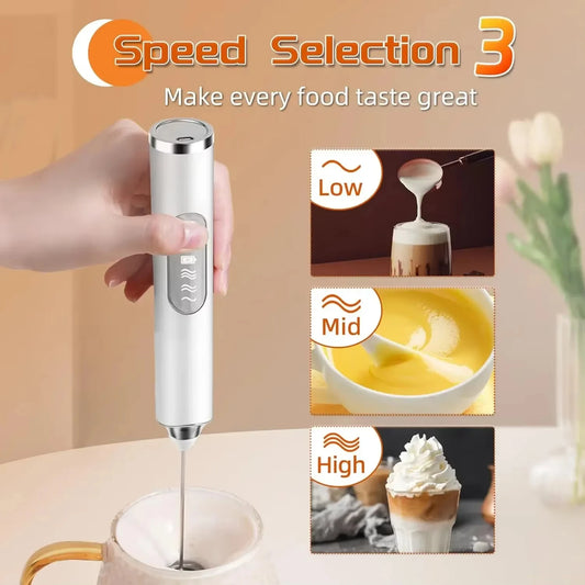 Mini Eggbeater Milk Coffee Blender Handheld Cream Whipper Latte Cappuccino Beverage 3-speed Rechargeable Blender