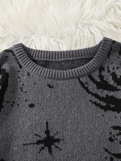 Men's Autumn and Winter Street Style Ripped Abstract Starry Sky Pattern Pullover Sweater, Casual Crew Neck Knit Men's Pullover, Regular Fit, Suitable for Autumn and Winter Seasons