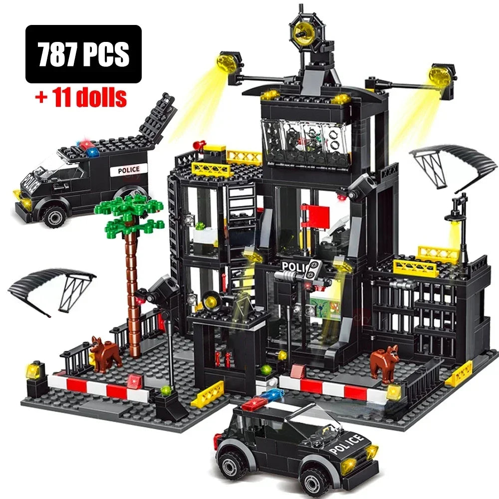 SWAT Police Station Military Building Blocks City Model Set Prison Car Policeman Boat Figures DIY Brick Toy for Kids Boys Gift