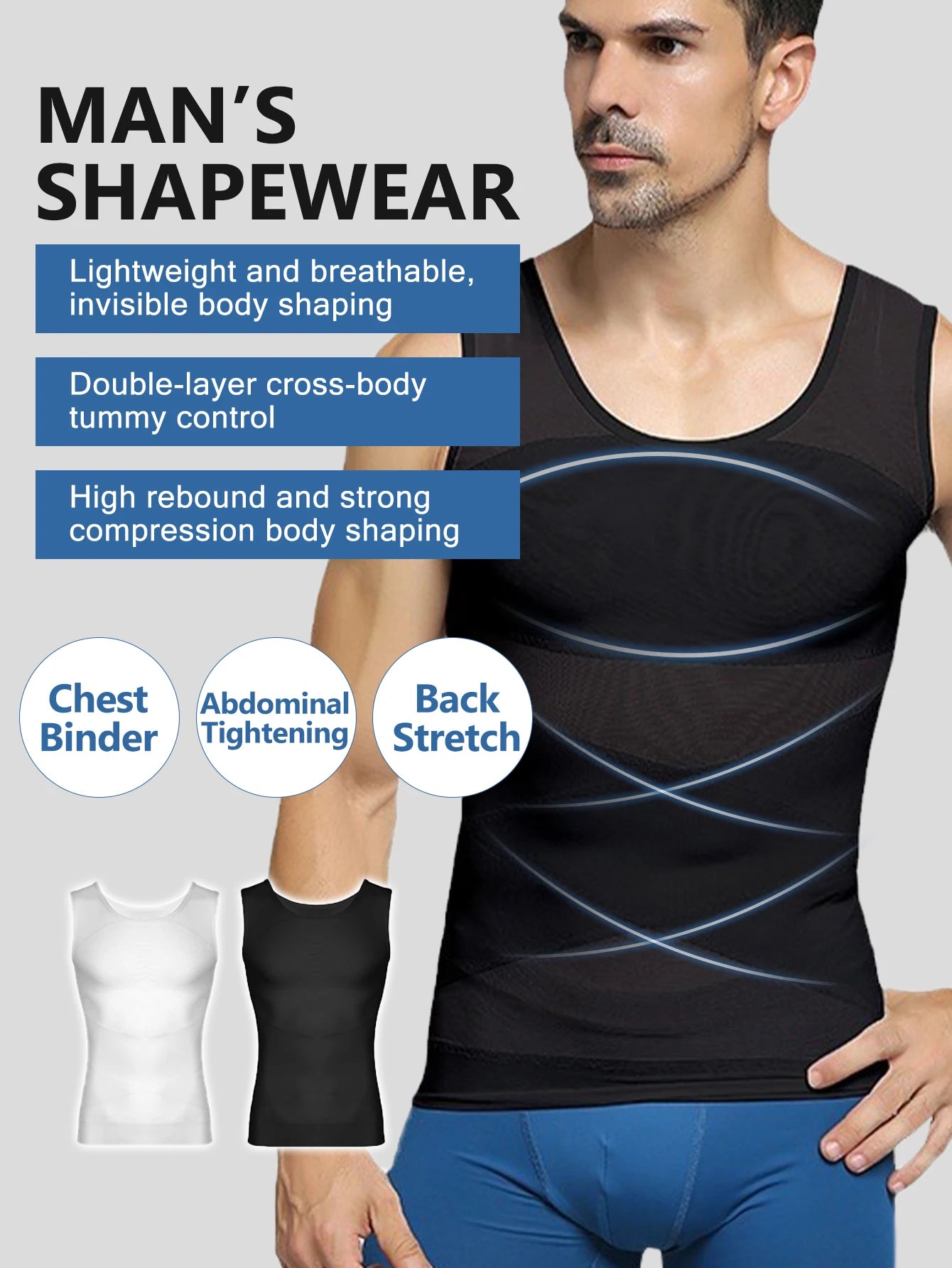 Men's Post-Surgery Shaping Bodysuit Upper Body Tummy Control Abdominal Shaping Top for Recovery