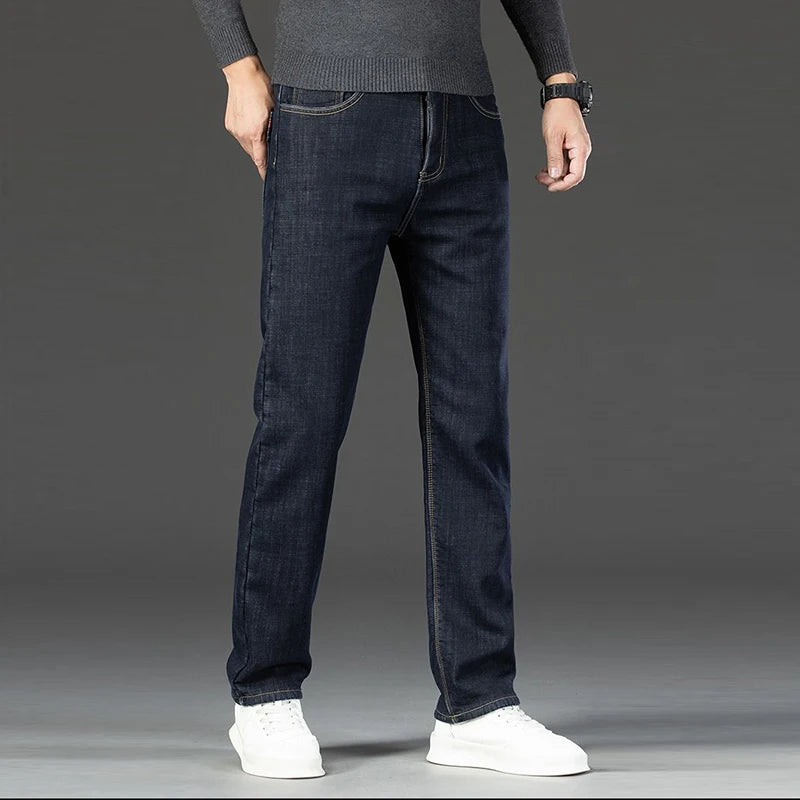 Men Autumn Winter Fleece Lined Thickened Jeans Male Warm Fashion Loose Straight Denim Pants High-Waisted Casual Trousers