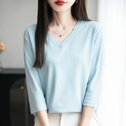 Spring And Summer New White Mercerized Cotton Cropped Sleeve T-shirt Feminine Joker 100% Cotton Bottoming Shirt Half Sleeve