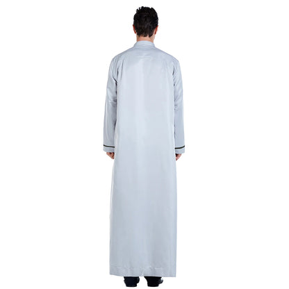 TH818 Men's Muslim Middle Eastern Men Long Sleeves Stand Collar Color-matching Button Robe Ramadan Eid Jubba Thobe