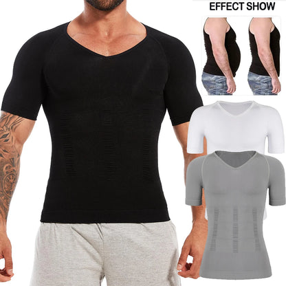 Men Gynecomastia Compression Shirts Shapewear Tummy Control Body Shaper Undershirt V-Neck Workout Baselayer T-Shirt