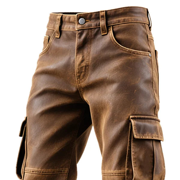 2026 European Size Men's Retro Brown Leather Cargo Pants, PU Leather Straight Leg Casual Pants Baggy Hosen Men Clothing