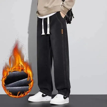 Retro American Wide Leg Men's Jeans Straight Thickened Fleece Loose Autumn Winter Wear Resistant Long Trousers Cotton Elastic...