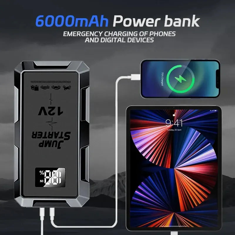 Wireless Charging Car Jump Starter with Portable Power Bank - 12V Emergency Auto Battery Booster