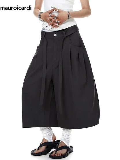 Mauroicardi Spring Summer Loose Soft Baggy Black Scimitar Wide Leg Shorts for Men High Waist Sashes Knee Length Pants Clothes