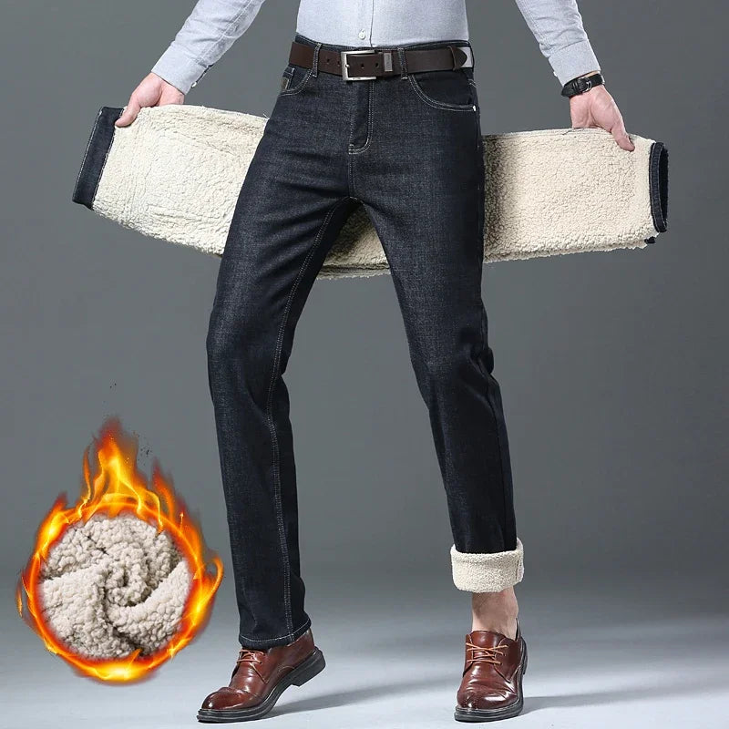 Winter Men's Fleece Jeans Classic Straight Casual Sherpa Thermal Trousers Thickened Warm Stretch Wool Velvet Denim Pants
