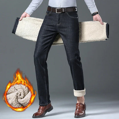 Winter Men's Fleece Jeans Classic Straight Casual Sherpa Thermal Trousers Thickened Warm Stretch Wool Velvet Denim Pants