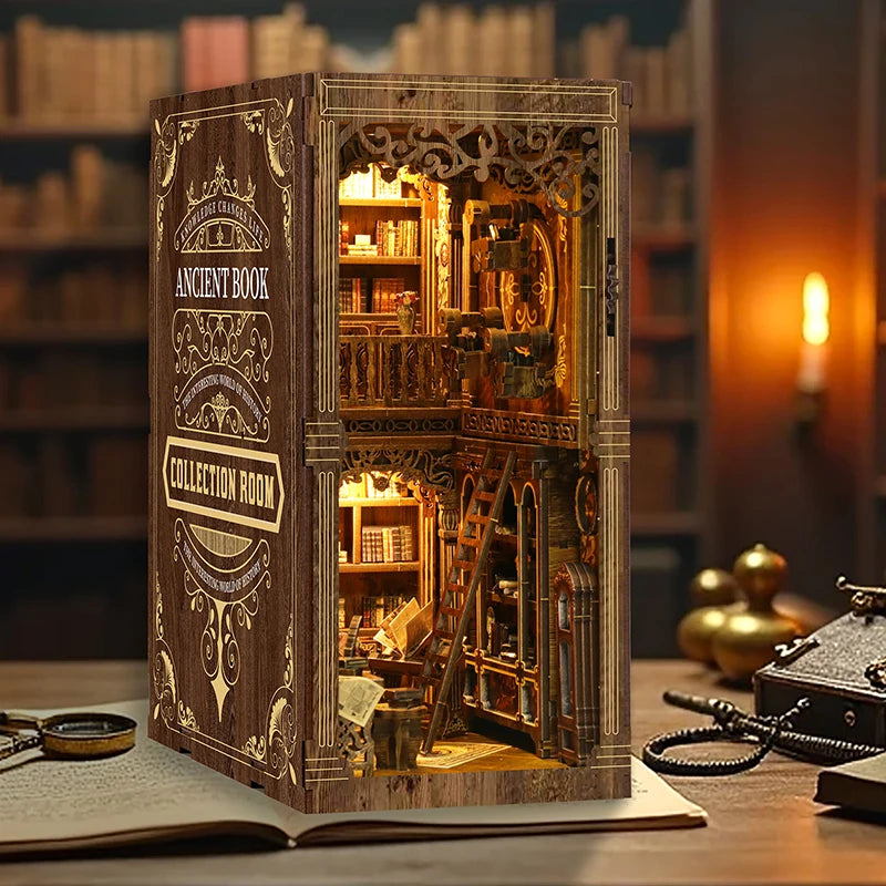 Bookshelf Set DIY Book Nook Kit 3D Wooden Doll House Puzzle Bookshelf Insert Decor With LED Light Dollhouse Model Birthday Gifts