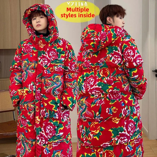Thickened Long over Knee Hooded Fleece Lined Northeast Big Flower Coat Men's Cotton Jacket Youth Fashion Sport Scene Casual Coat