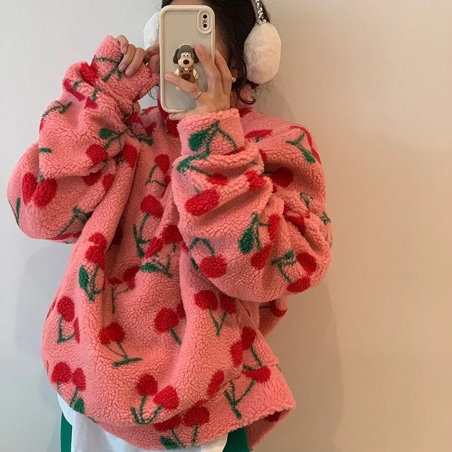 Chic Korean Style Fleece Cherry Hooded Sweater Warm Plush Anti-Aging Overhead Cotton Women's Fashion Winter Clothing