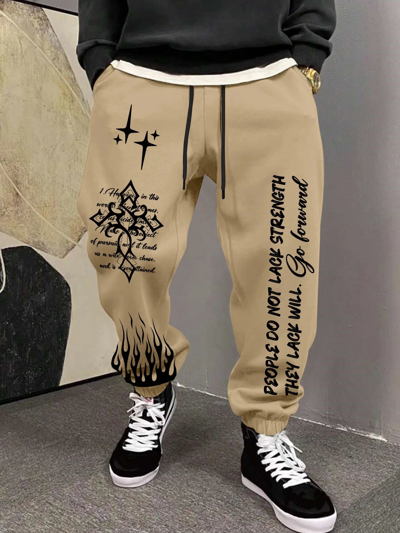 Men's Retro Vintage Script Letter Flame Graphic Joggers Elastic Cuff Sweatpants Popular Streetwear Casual Pants