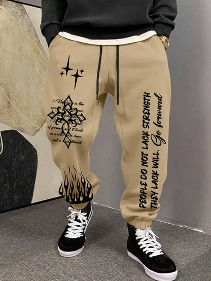 Men's Retro Vintage Script Letter Flame Graphic Joggers Elastic Cuff Sweatpants Popular Streetwear Casual Pants