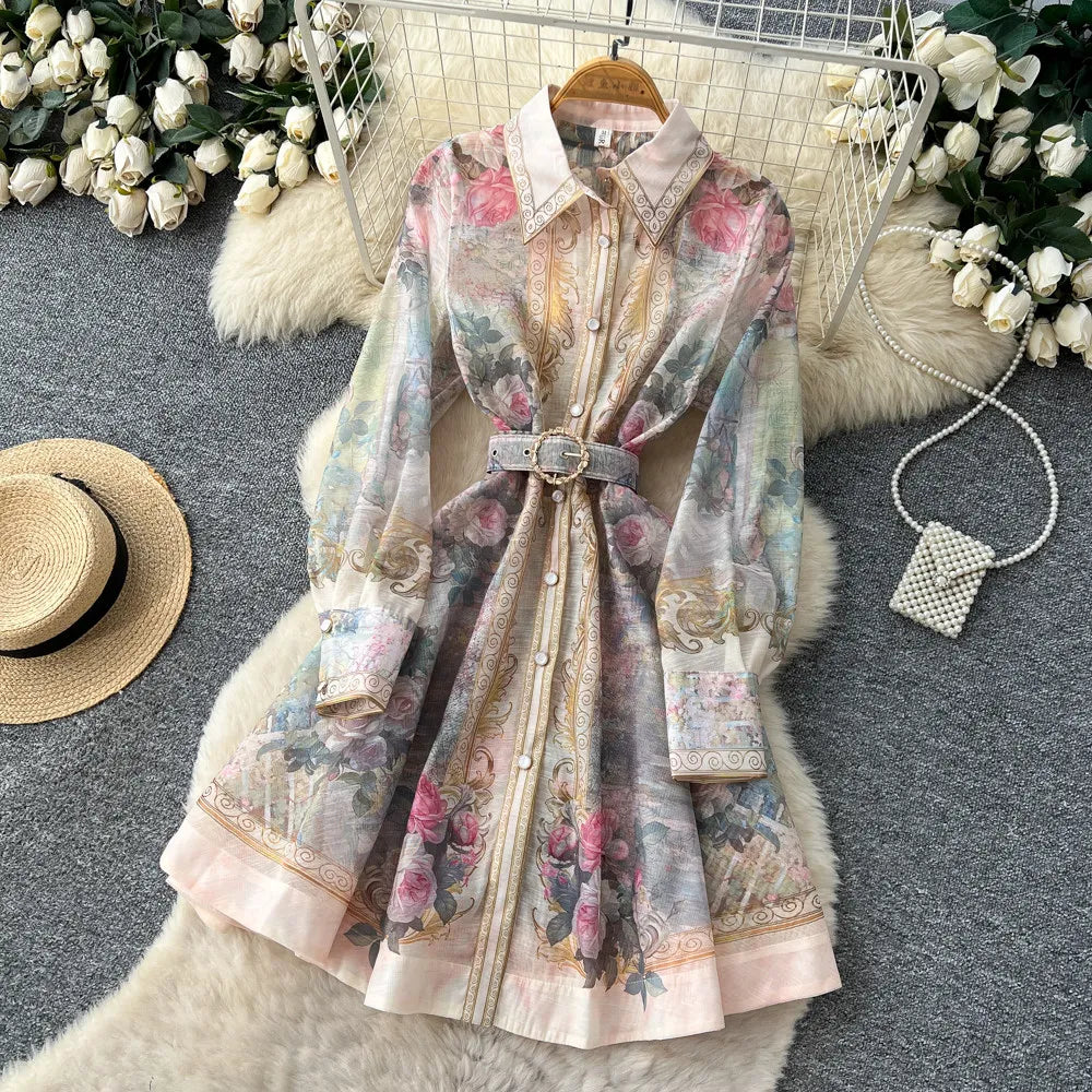 Elegant Flower Printed Linen Mini Dress with Long Lantern Sleeves Women's Lapel Single-Breasted for Birthday Party Club Wear