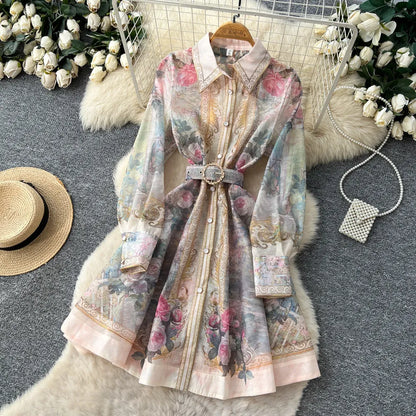 Elegant Flower Printed Linen Mini Dress with Long Lantern Sleeves Women's Lapel Single-Breasted for Birthday Party Club Wear