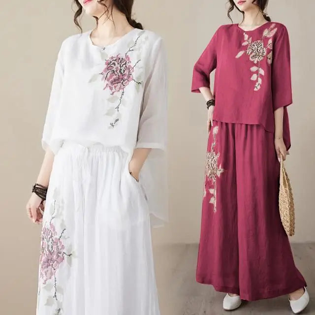 plus Size Women's Retro Cotton Linen Set Wide Leg Pants Slimming Mom Two Piece Suit Spring Fashion Korean Style Commute Wear