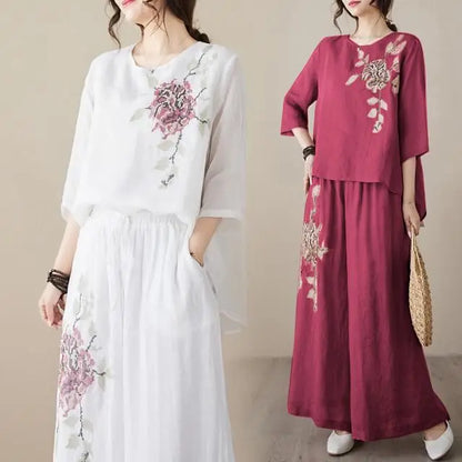 plus Size Women's Retro Cotton Linen Set Wide Leg Pants Slimming Mom Two Piece Suit Spring Fashion Korean Style Commute Wear