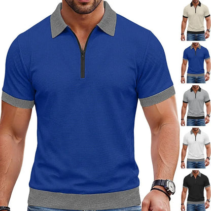 Men's Zip Polo Shirt Short Sleeve Contrast Trim Textured Casual Top 2026
