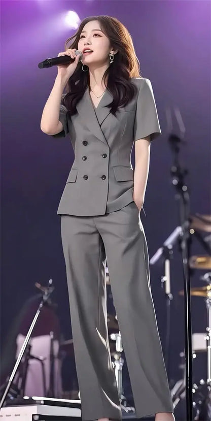 Elegant Short Sleeve Suit Set Women's Summer New Style Powerful Businesslike Top And Pants Two Pieces Set High Waist Pants