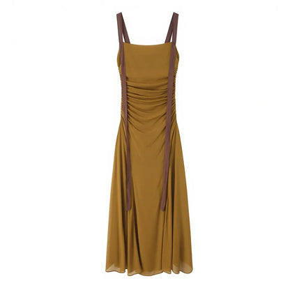 Women's Dress 2026 New Stylish Chiffon Pleated Strap Backless Slimming Sexy Holiday Casual Women's Mid-Length Dress